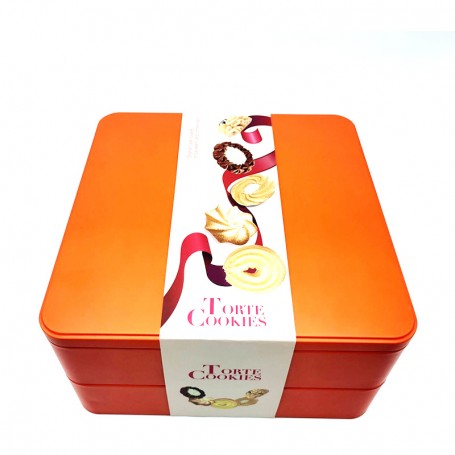 Wholesale tin container with lid, festive cookie tin, rectangular metal box