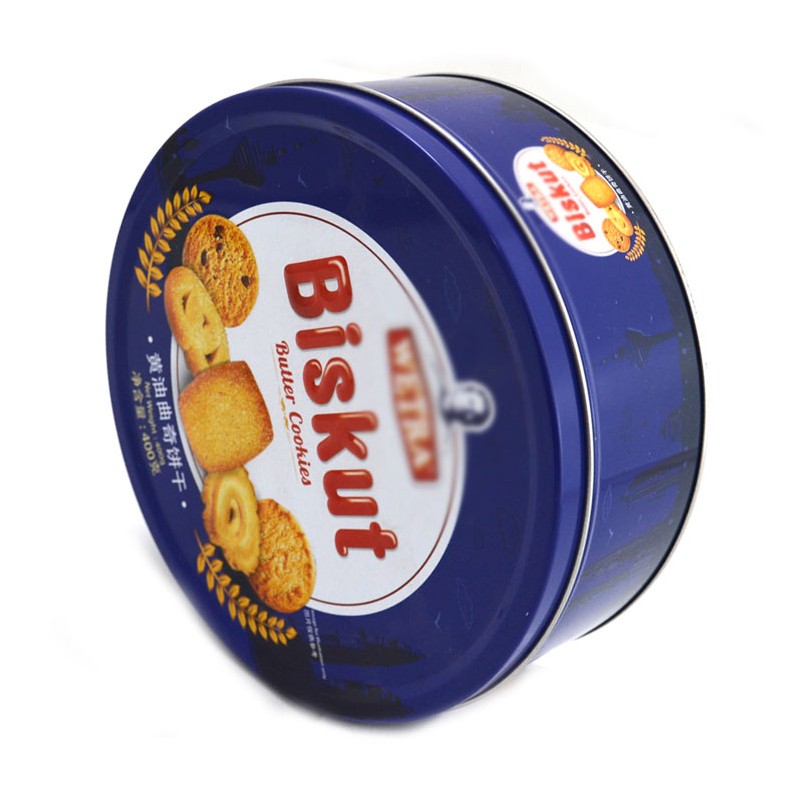 Custom high quality cheap blue round cookie tin can