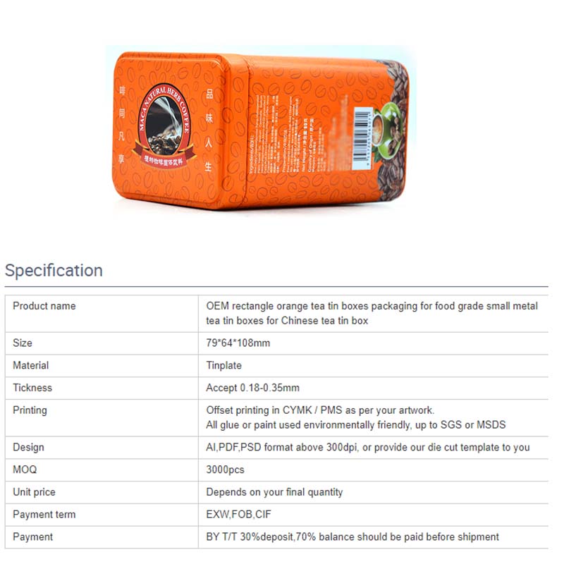 Wholesale rectangular orange coffee tin can parameters