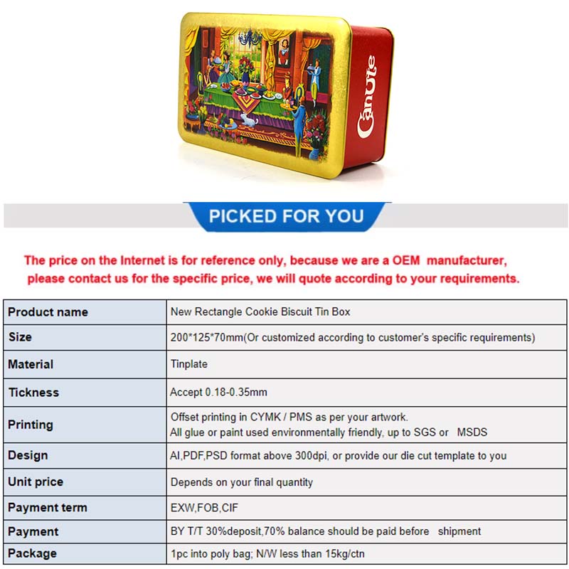 Parameters of rectangular 160g biscuit tin box