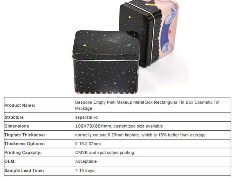 Parameters of gift pink cosmetic metal box