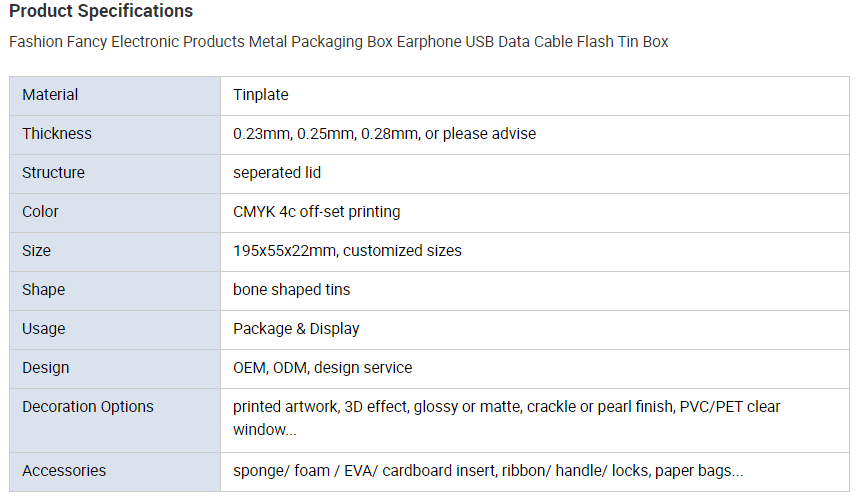 Printed USB data cable tin box parameters