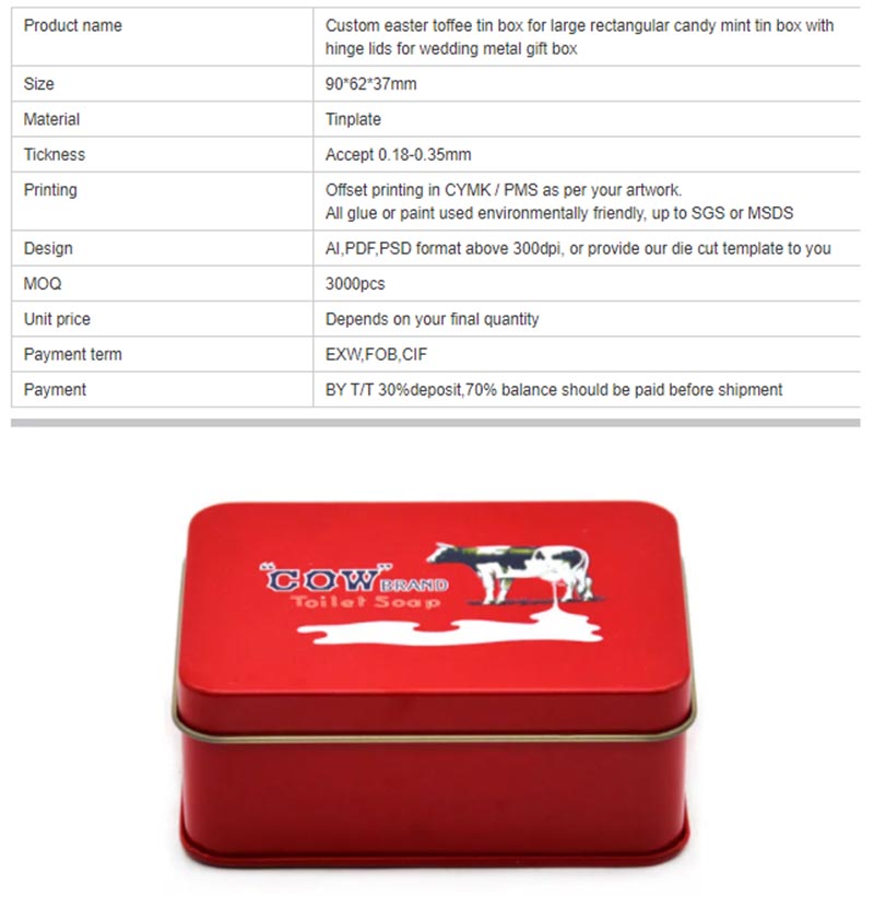 Hinged lid milk candy tin box specifications