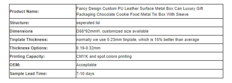 Parameter table of round tea tin can with lid