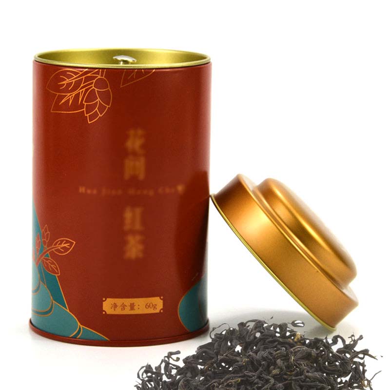 Round black tea tin can