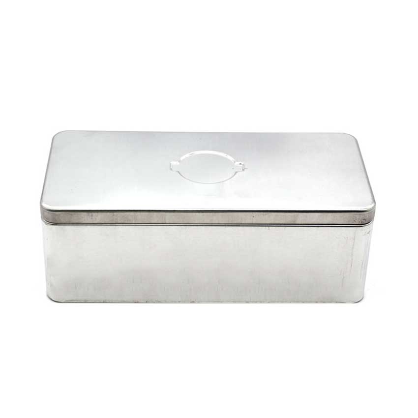 Silver rectangular tin box