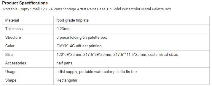 Portable 36-color palette tin box parameters