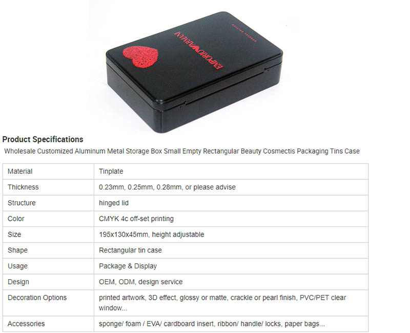 Rectangle cosmetic tin box parameters