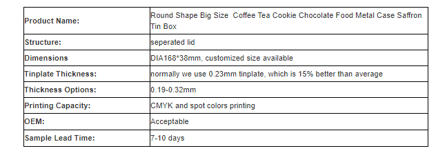 Round large saffron tin box parameters