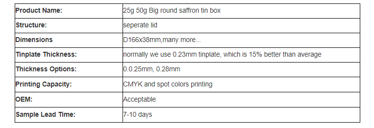Parameters of the best 50g saffron tin box