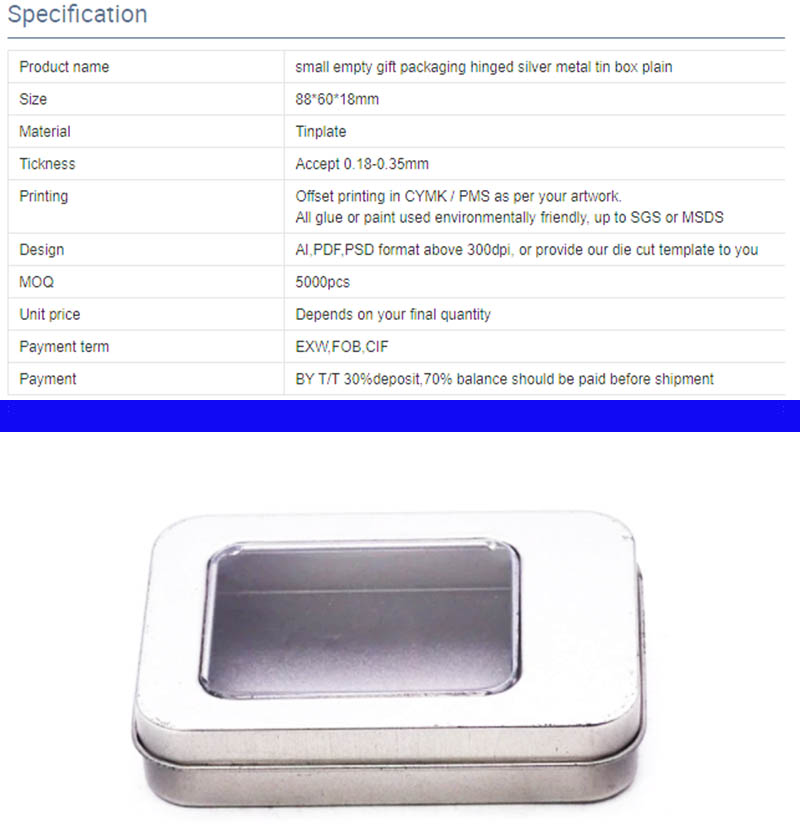 Customized silver metal tin box with PVC window parameters