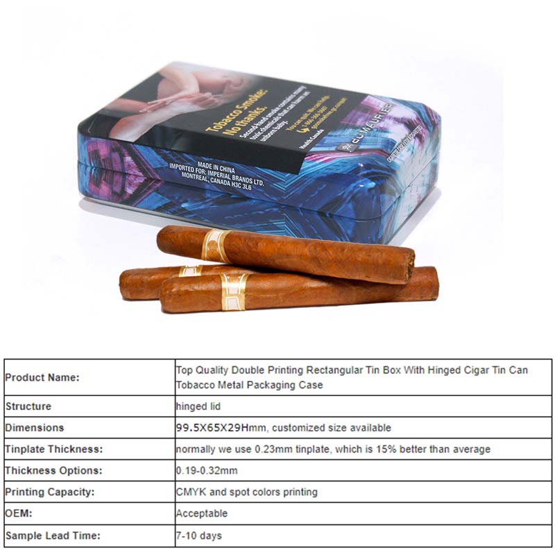 Parameter table of small rectangular hinged lid tobacco tin box